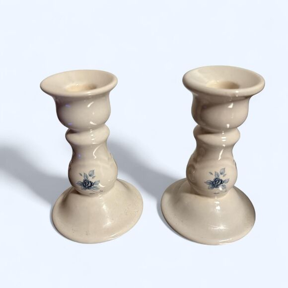 Pfeiffer Cream & Blue Candles holders Decor-home Vintage Kitchen dining room - Picture 1 of 5